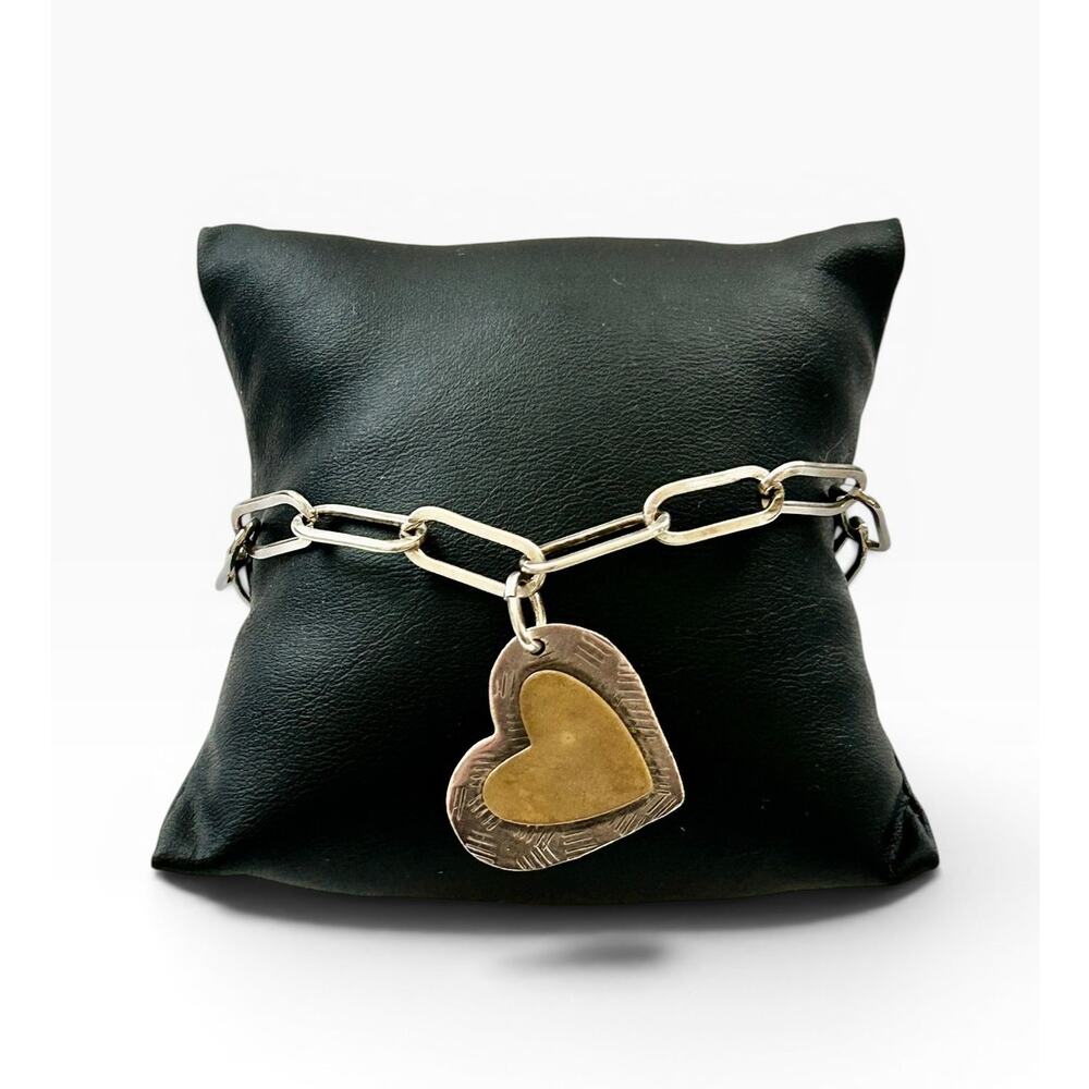 Vintage 80s Sterling Silver Paperclip Chain Bracelet Two-Tone Heart Charm